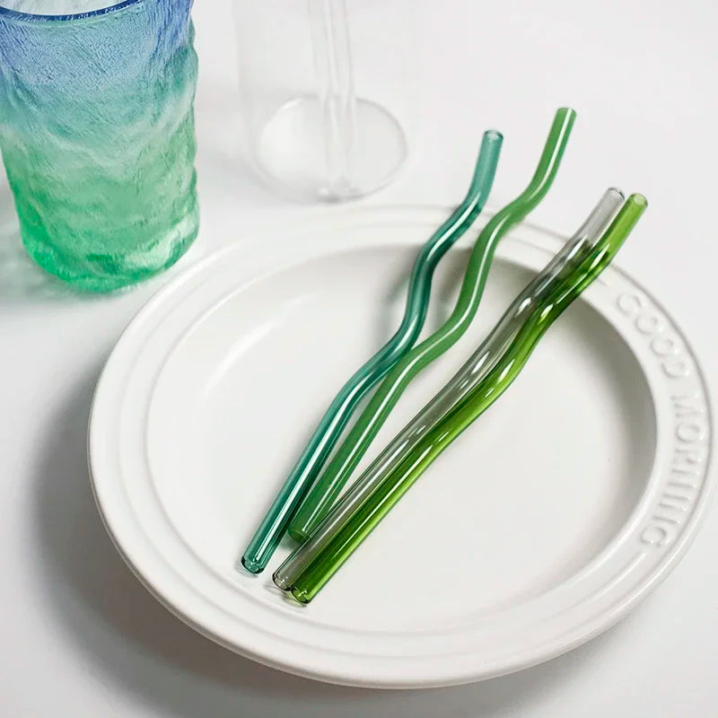 Green Wavy Glass Straw Set - Dewdrop Blossom