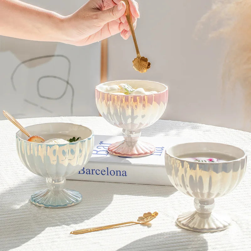 Pearlescent Ceramic Bowl - Dewdrop Blossom