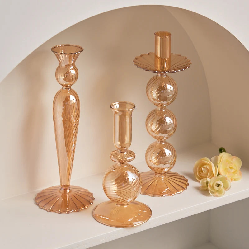 Champagne Taper Glass Candle Holder - Dewdrop Blossom