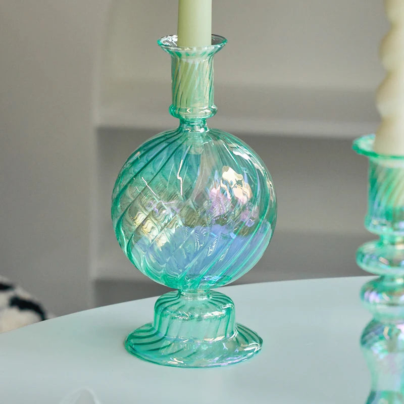 Cyan Taper Glass Candle Holder - Dewdrop Blossom