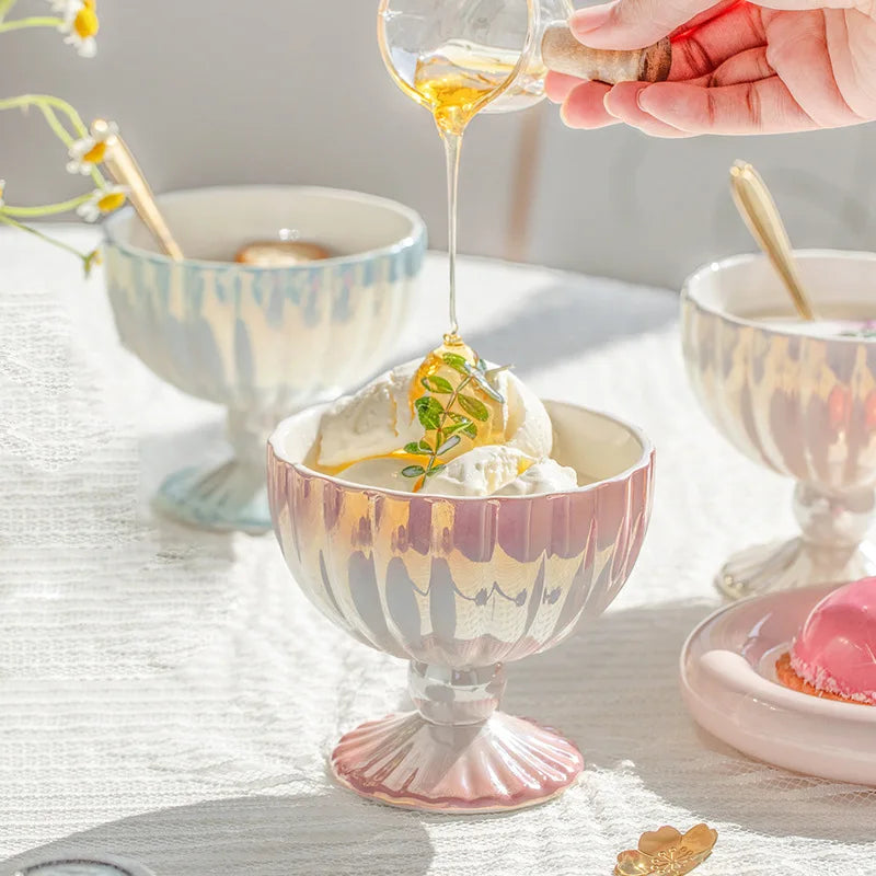 Pearlescent Ceramic Bowl - Dewdrop Blossom