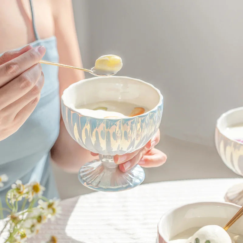 Pearlescent Ceramic Bowl - Dewdrop Blossom