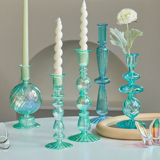 Cyan Taper Glass Candle Holder - Dewdrop Blossom