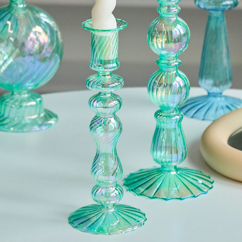 Cyan Taper Glass Candle Holder - Dewdrop Blossom