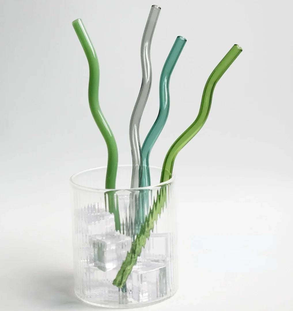 Green Wavy Glass Straw Set - Dewdrop Blossom