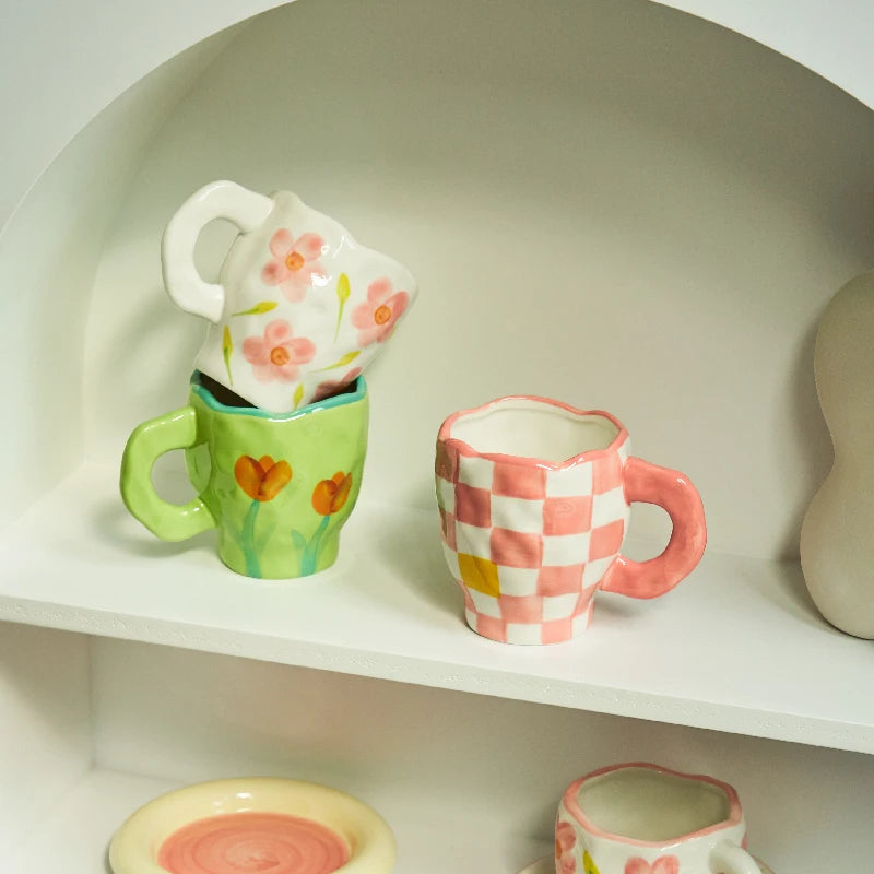 Checkerboard Wonky Mug - Dewdrop Blossom