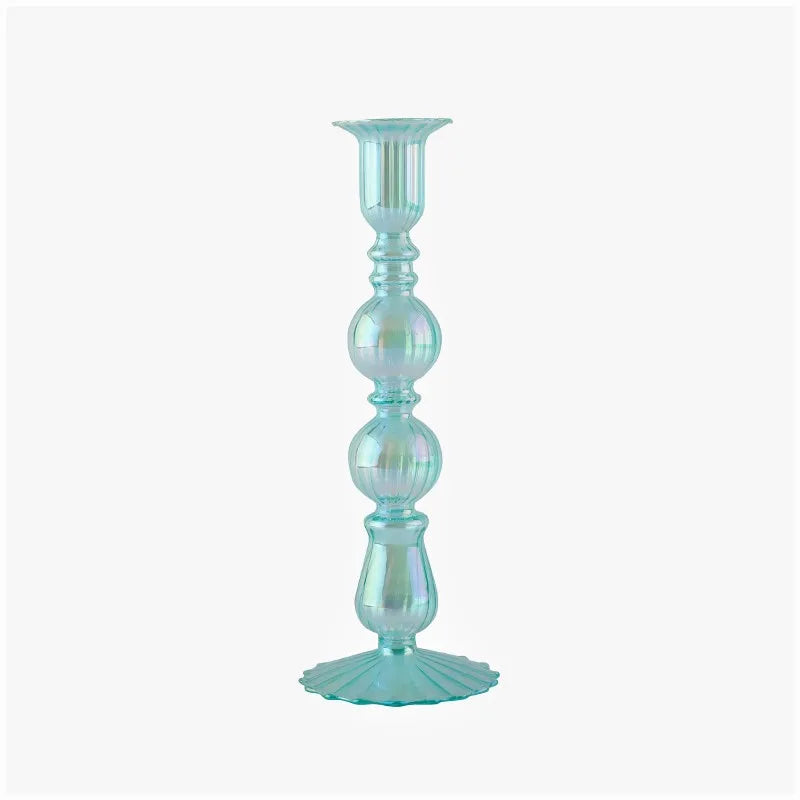 Cyan Taper Glass Candle Holder - Dewdrop Blossom