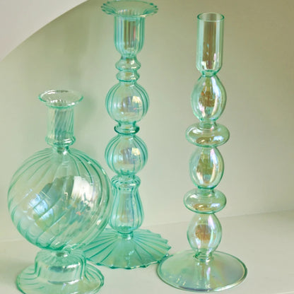 Cyan Taper Glass Candle Holder - Dewdrop Blossom